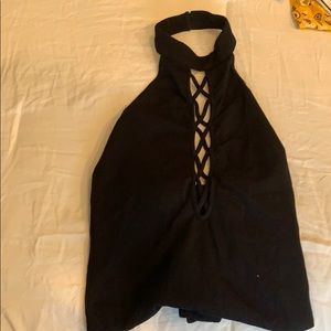 Black open back halter bodysuit